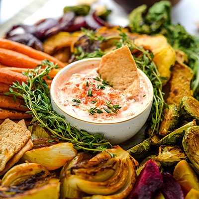 Roasted Autumn Vegetables in Harissa Yogurt Dip | U.S. Dairy